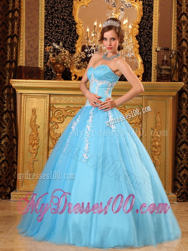 Blue Quinceanera Dresses Decorated with White Appliques For Beauties