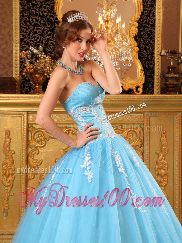 Blue Quinceanera Dresses Decorated with White Appliques For Beauties