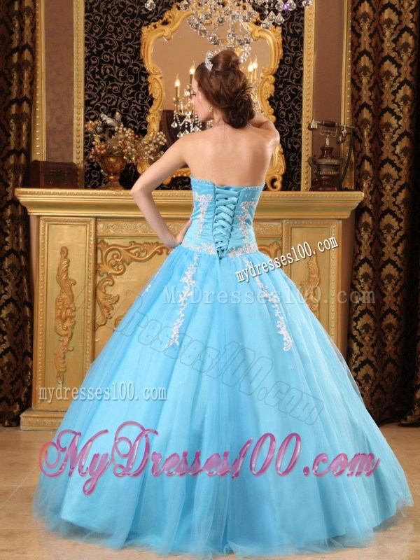 Blue Quinceanera Dresses Decorated with White Appliques For Beauties