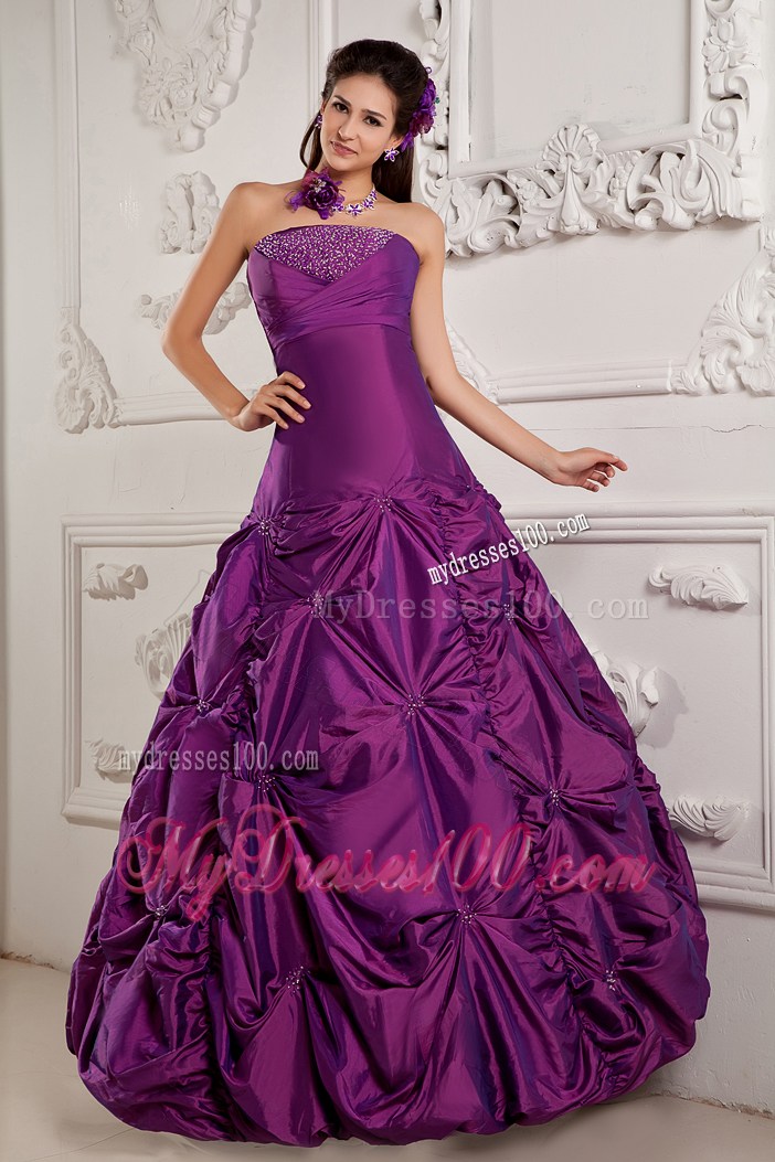 Elegant Purple Beaded Pick-ups Quinceanera Dresses Taffeta Floor Length