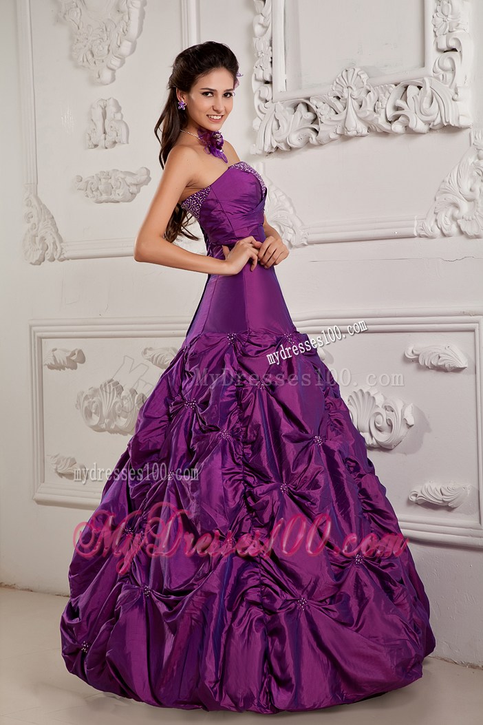 Elegant Purple Beaded Pick-ups Quinceanera Dresses Taffeta Floor Length