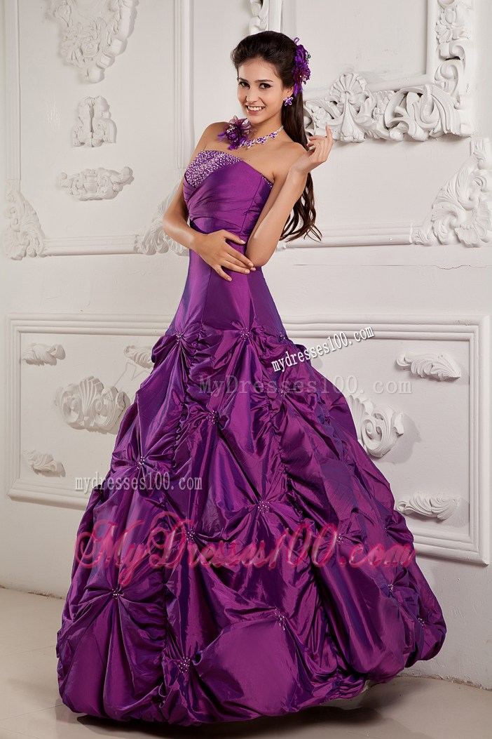 Elegant Purple Beaded Pick-ups Quinceanera Dresses Taffeta Floor Length