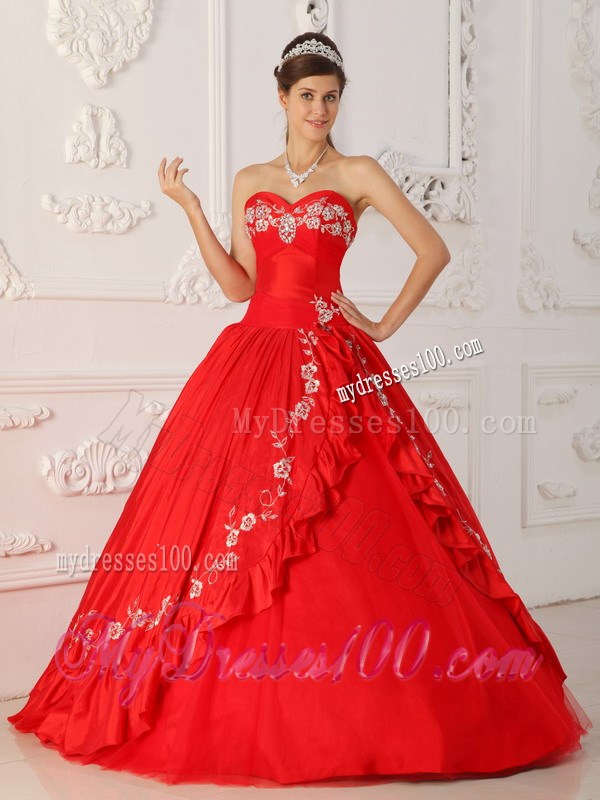 Bodice Sweet 16 Dresses in Red with Petal Slit and White Floral Embroideries