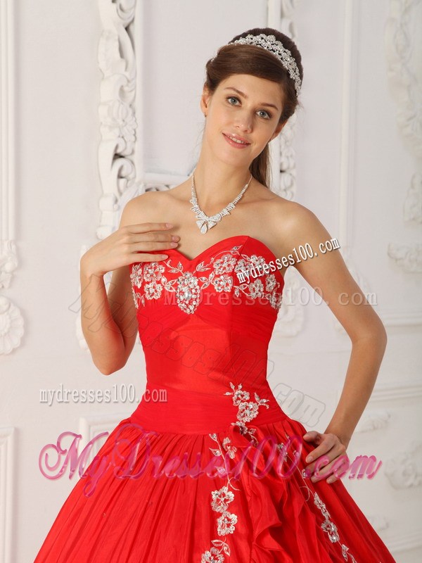 Bodice Sweet 16 Dresses in Red with Petal Slit and White Floral Embroideries
