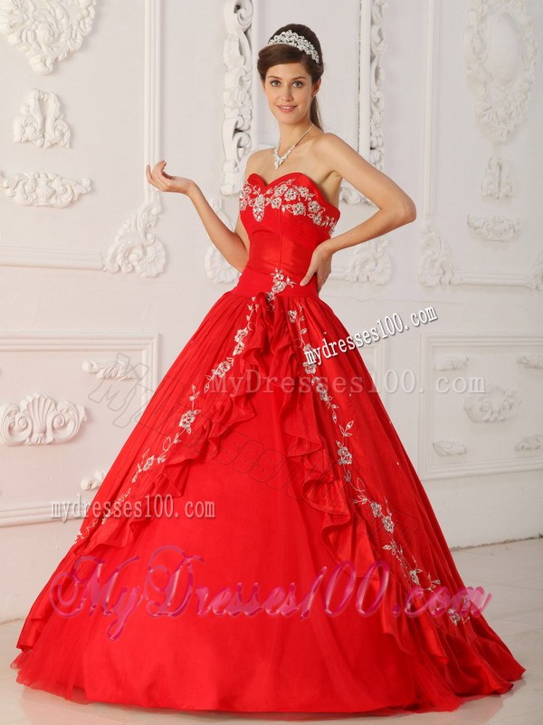 Bodice Sweet 16 Dresses in Red with Petal Slit and White Floral Embroideries