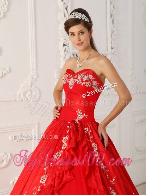 Bodice Sweet 16 Dresses in Red with Petal Slit and White Floral Embroideries