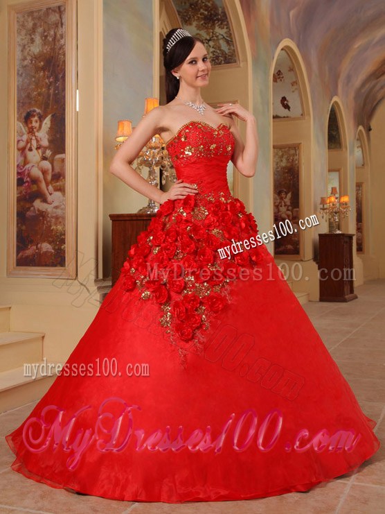 Hot Pink Sweet sixteen dresses Decorated with Little Flowers and Gold Appliques