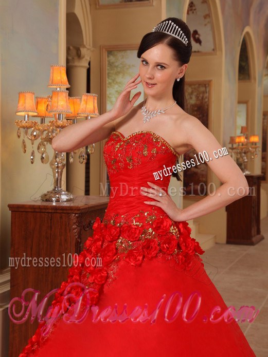 Hot Pink Sweet sixteen dresses Decorated with Little Flowers and Gold Appliques