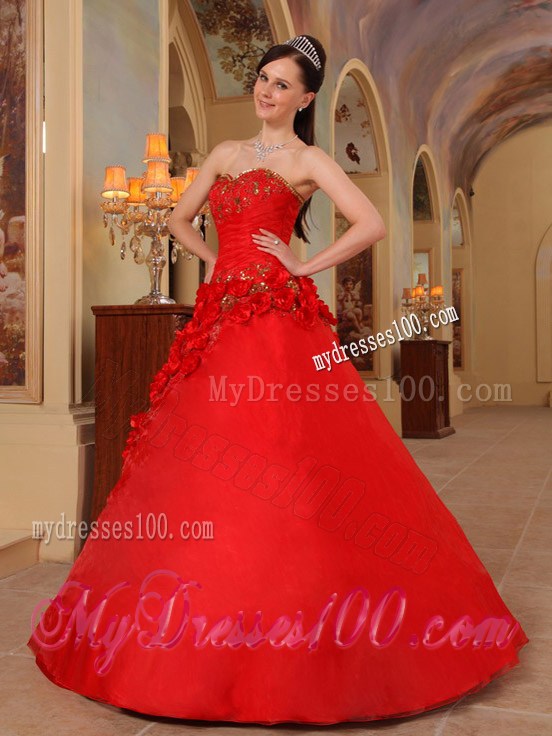 Hot Pink Sweet sixteen dresses Decorated with Little Flowers and Gold Appliques