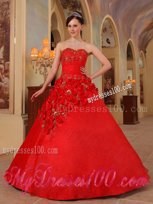 Hot Pink Sweet sixteen dresses Decorated with Little Flowers and Gold Appliques