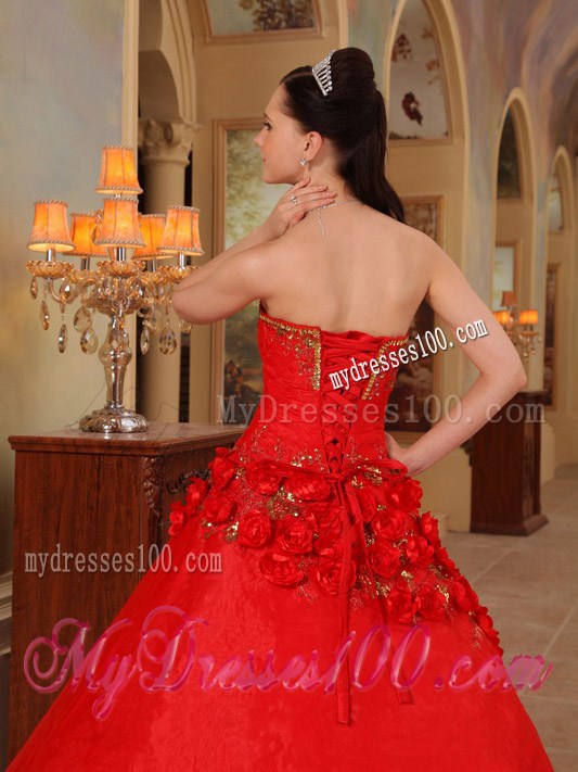 Hot Pink Sweet sixteen dresses Decorated with Little Flowers and Gold Appliques