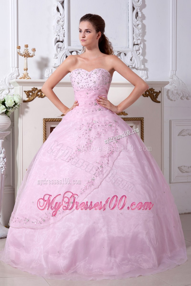 Beading and Appliques Sweetheart Organza Sweet 15 Dresses in Baby Pink