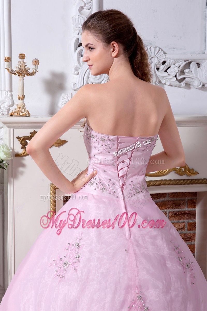 Beading and Appliques Sweetheart Organza Sweet 15 Dresses in Baby Pink