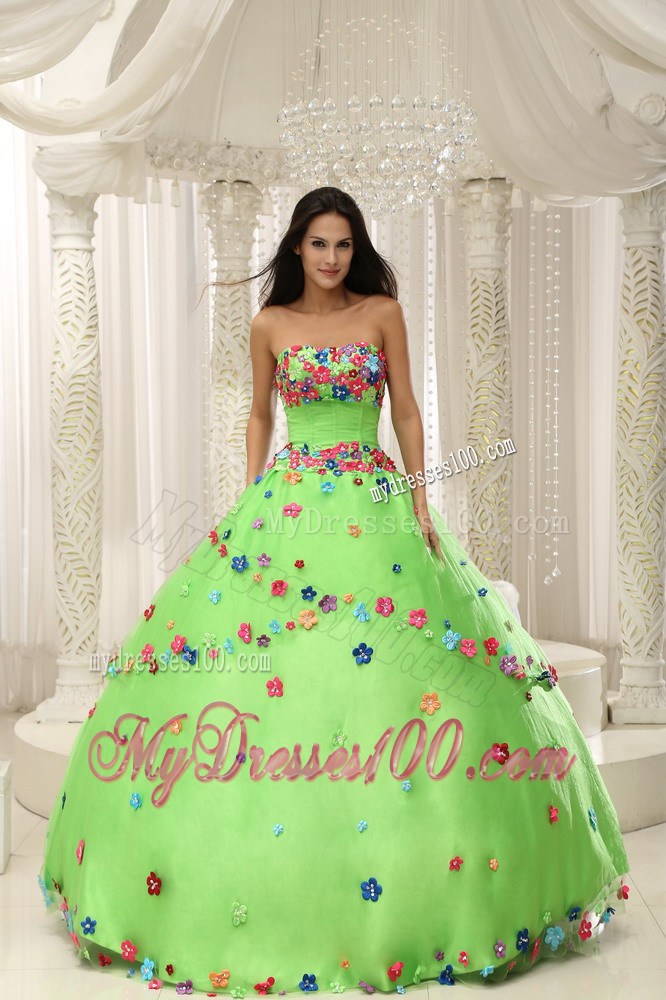 Colorful Floral Appliques Strapless Spring Green Sweet 15 Dresses