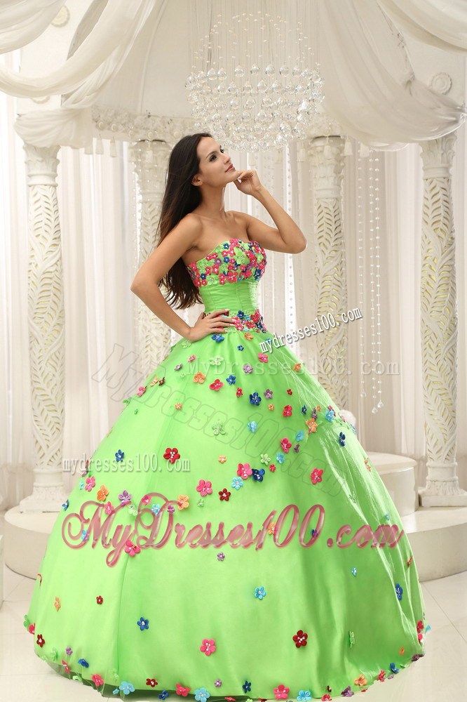 Colorful Floral Appliques Strapless Spring Green Sweet 15 Dresses