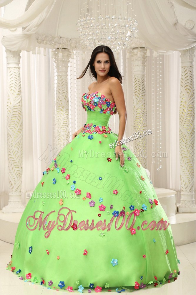 Colorful Floral Appliques Strapless Spring Green Sweet 15 Dresses