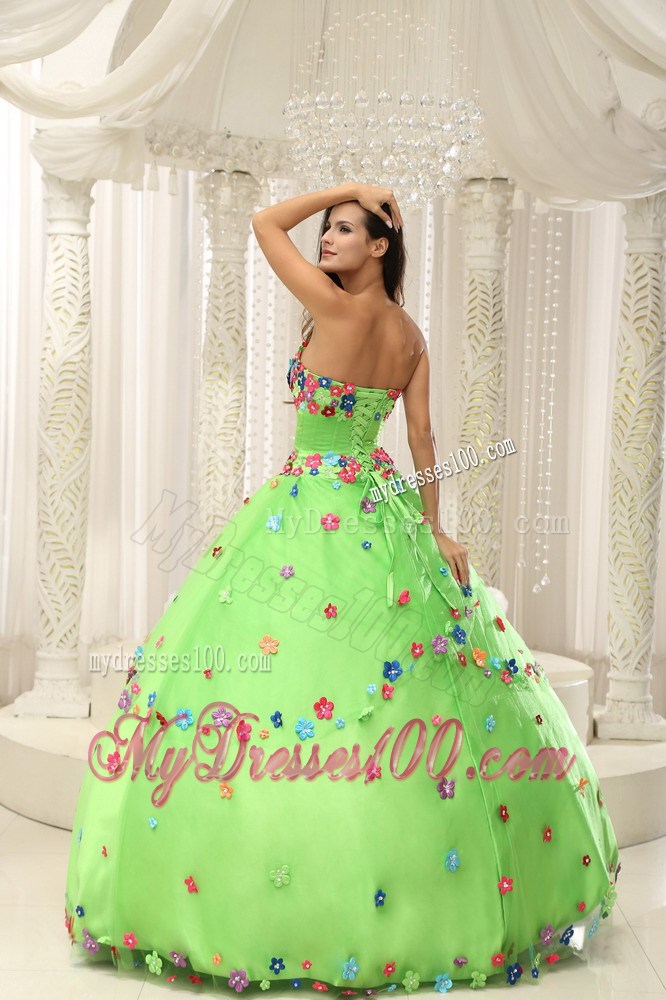 Colorful Floral Appliques Strapless Spring Green Sweet 15 Dresses