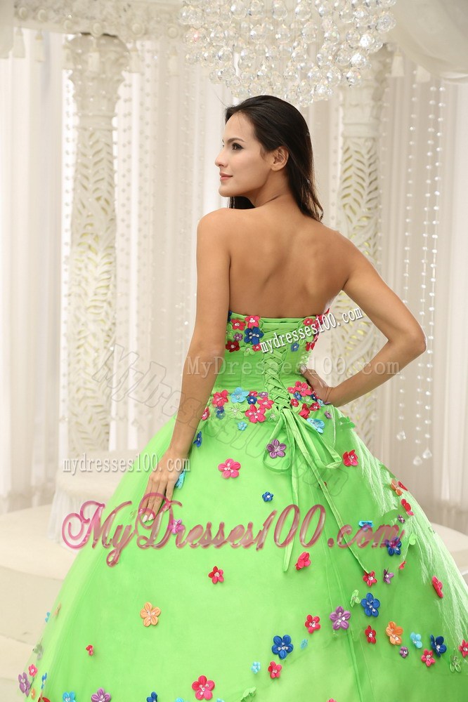Colorful Floral Appliques Strapless Spring Green Sweet 15 Dresses