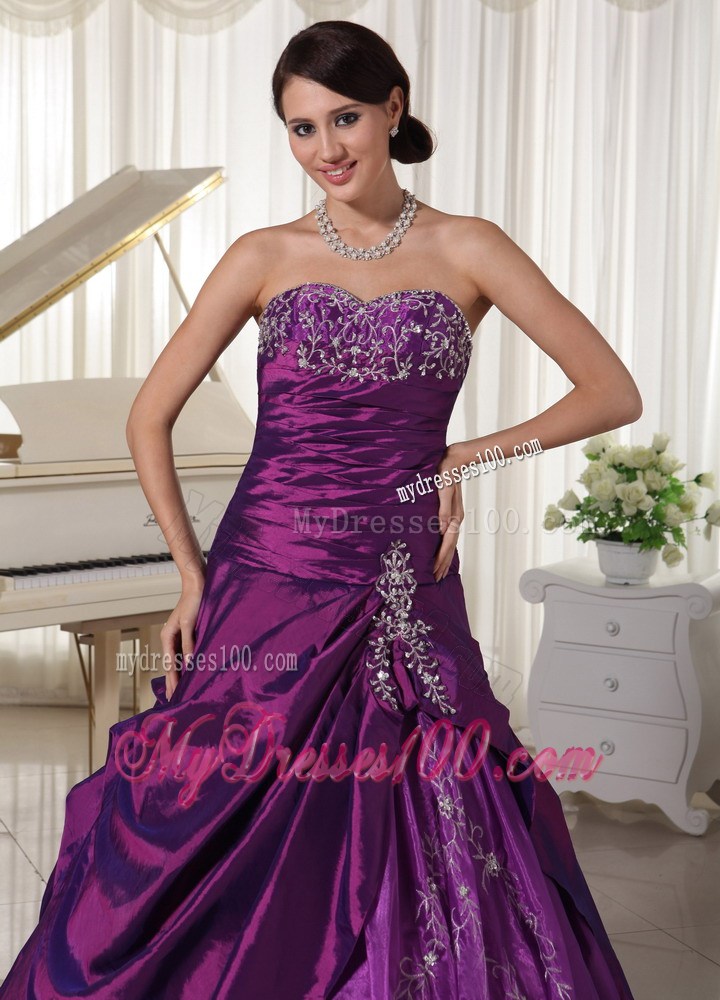 Princess Ruching Slit Appliques Diamonds Dress for Quince in Purple