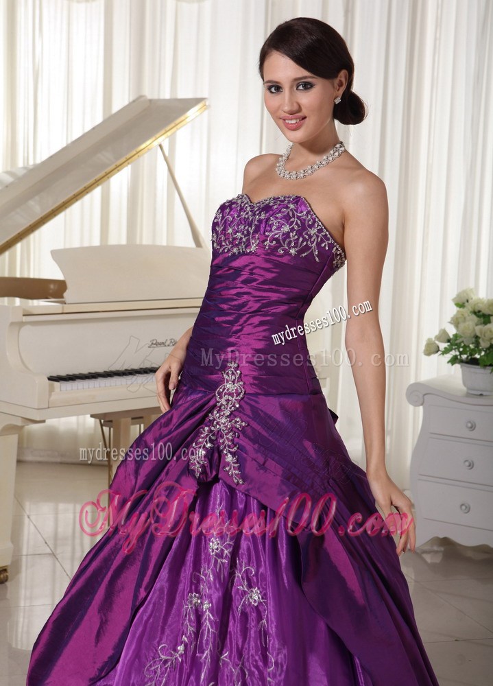 Princess Ruching Slit Appliques Diamonds Dress for Quince in Purple