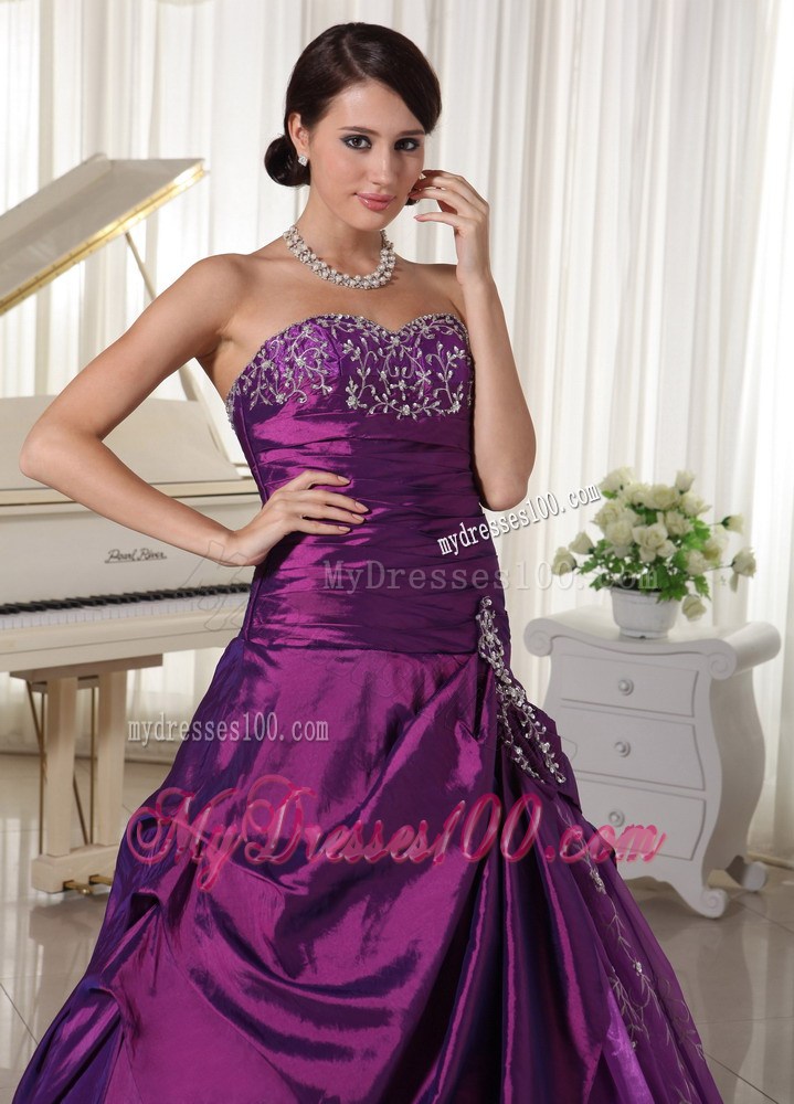 Princess Ruching Slit Appliques Diamonds Dress for Quince in Purple