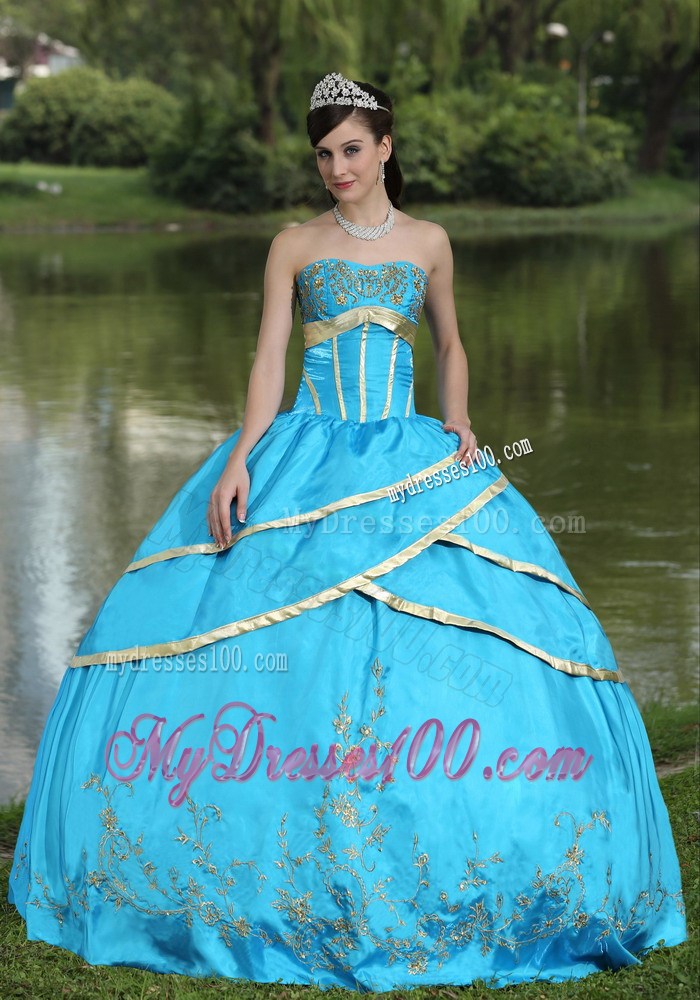 Elegant Aqua Blue Corset Back Quinceanera Dresses with Gold Hem Appliques
