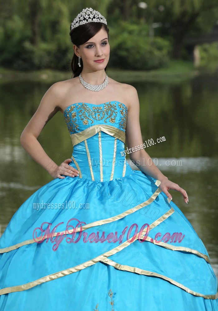 Elegant Aqua Blue Corset Back Quinceanera Dresses with Gold Hem Appliques