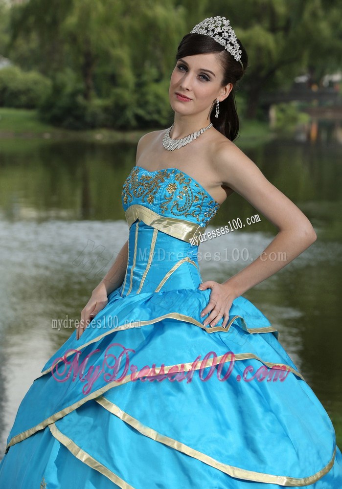 Elegant Aqua Blue Corset Back Quinceanera Dresses with Gold Hem Appliques