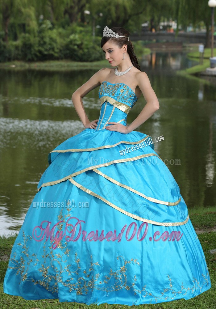 Elegant Aqua Blue Corset Back Quinceanera Dresses with Gold Hem Appliques