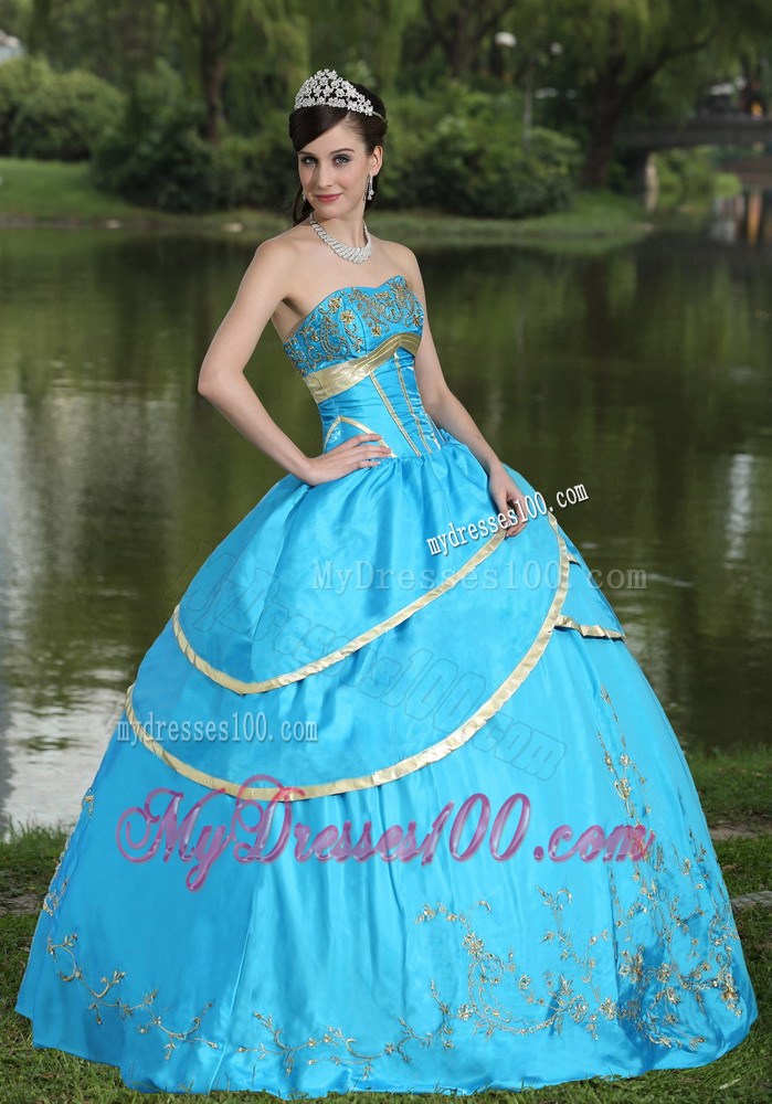 Elegant Aqua Blue Corset Back Quinceanera Dresses with Gold Hem Appliques