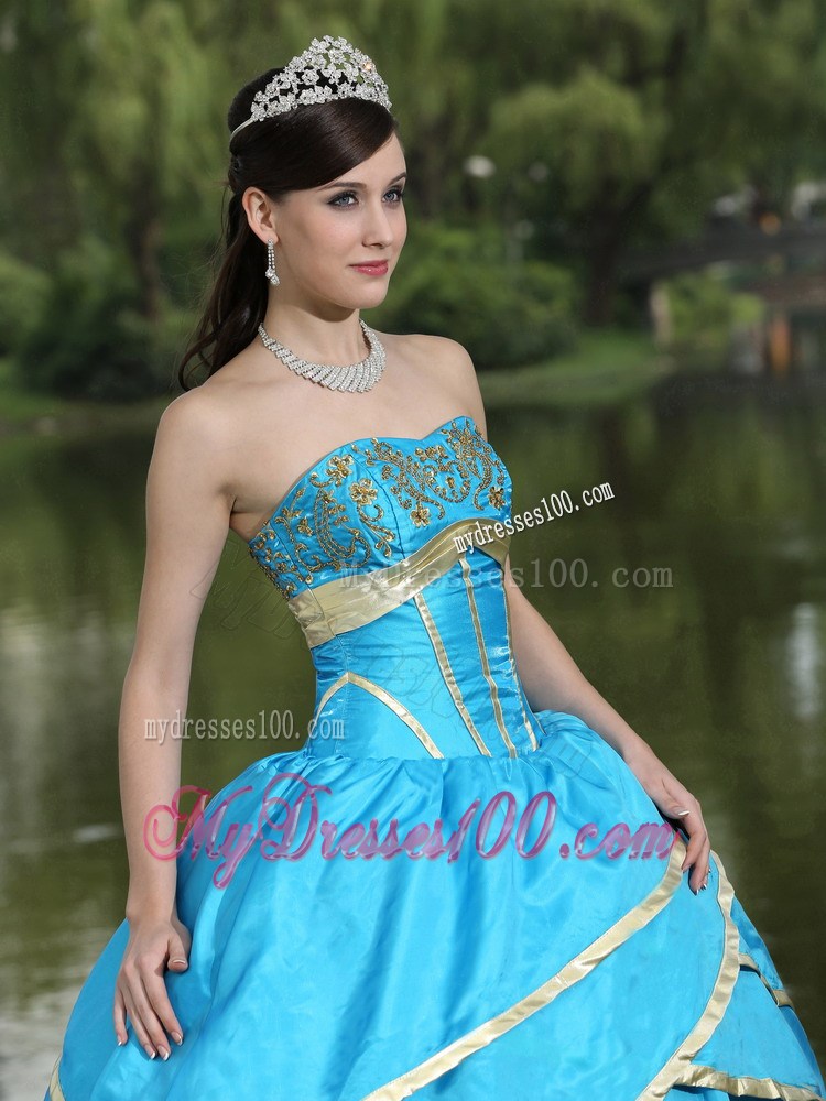 Elegant Aqua Blue Corset Back Quinceanera Dresses with Gold Hem Appliques