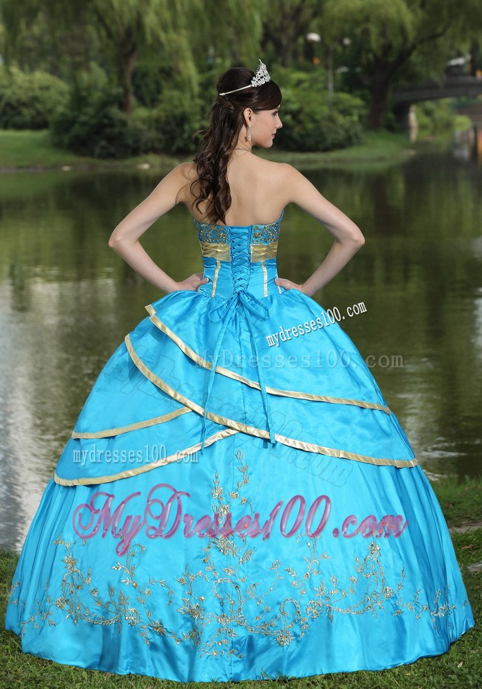 Elegant Aqua Blue Corset Back Quinceanera Dresses with Gold Hem Appliques
