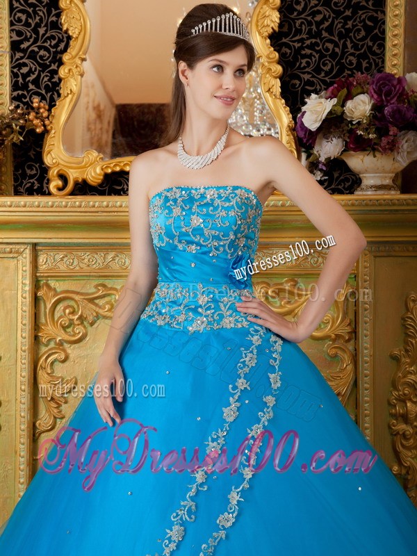 Floral Appliques Decorated Quinceanera Party Dress in Blue with Lace Hemline