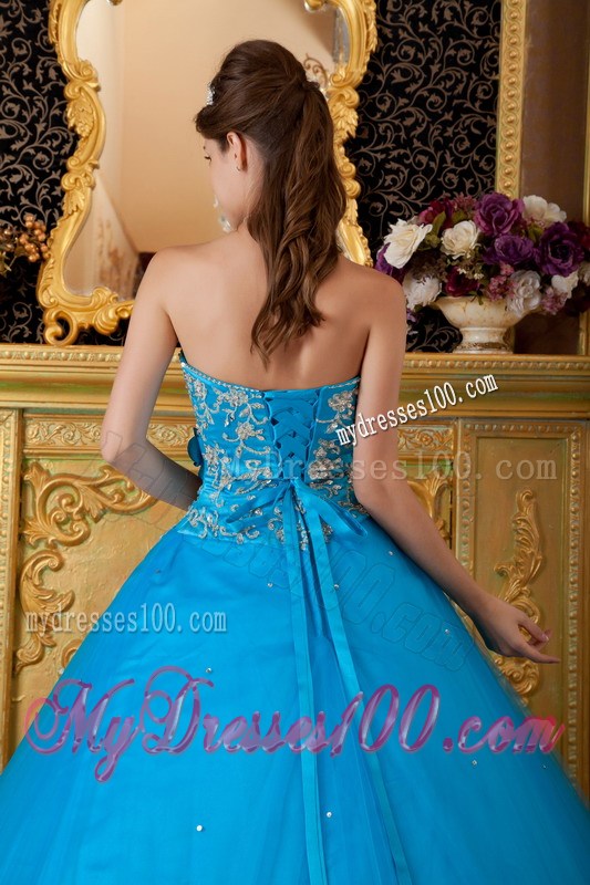 Floral Appliques Decorated Quinceanera Party Dress in Blue with Lace Hemline