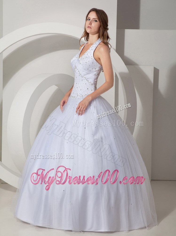 White Halter Top Quinceanera Dresses with Shining Diamonds For Quince