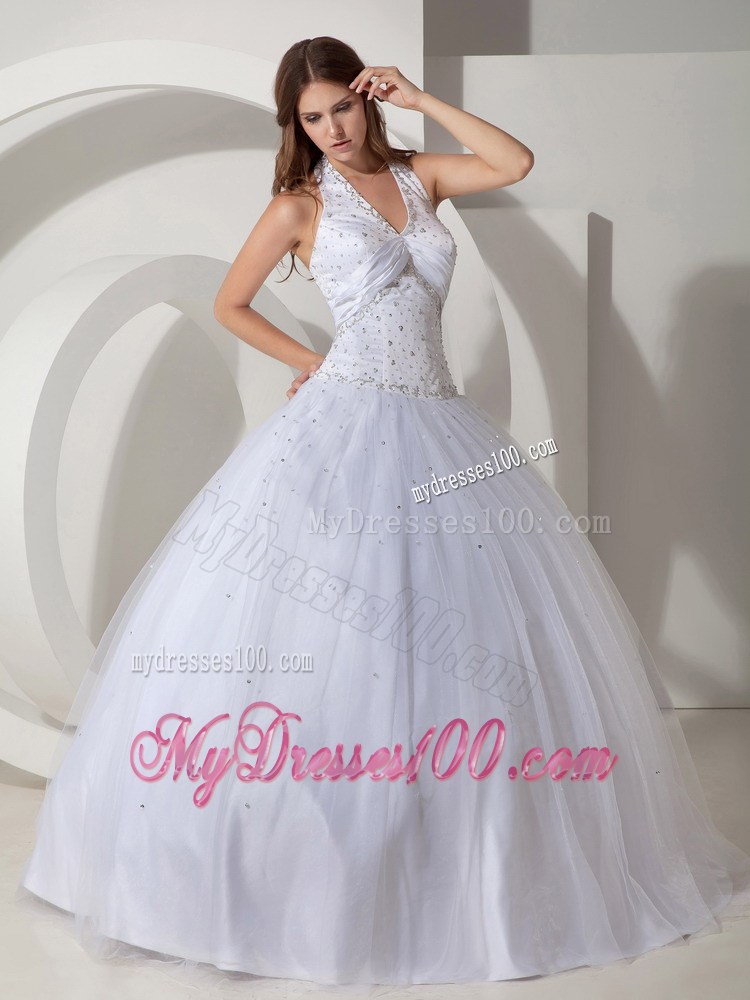 White Halter Top Quinceanera Dresses with Shining Diamonds For Quince