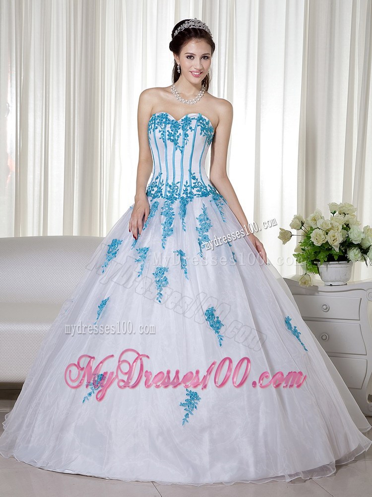 Brand New Style Corset Back White Sweet 15 Dresses with Aqua Blue Appliques