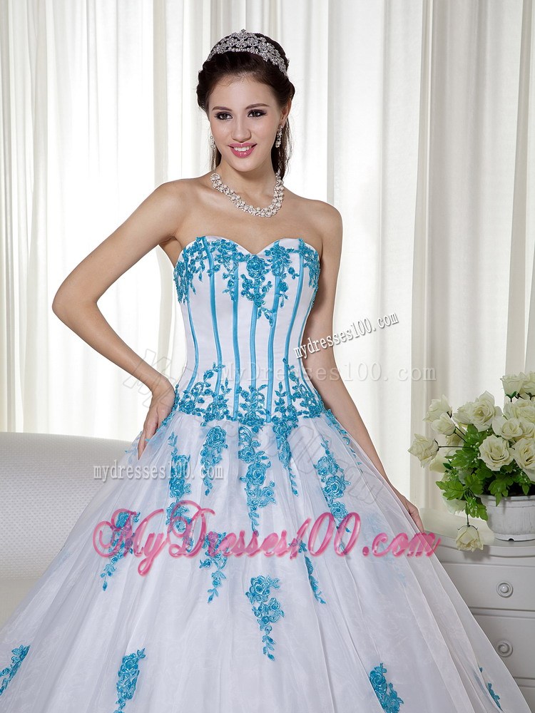 Brand New Style Corset Back White Sweet 15 Dresses with Aqua Blue Appliques