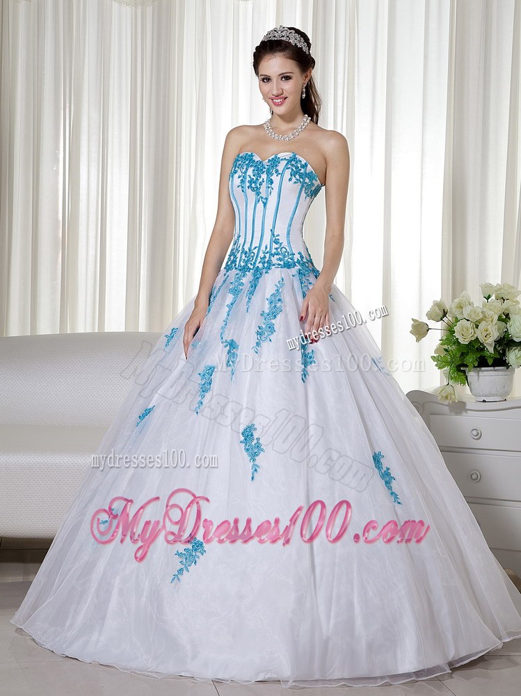 Brand New Style Corset Back White Sweet 15 Dresses with Aqua Blue Appliques