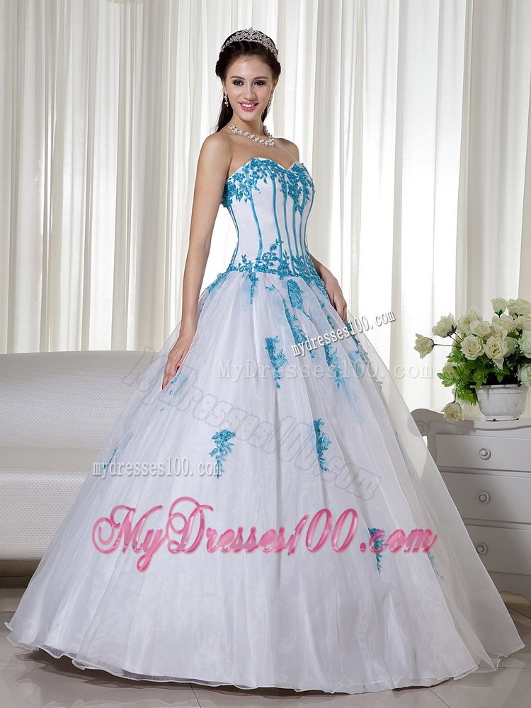 Brand New Style Corset Back White Sweet 15 Dresses with Aqua Blue Appliques