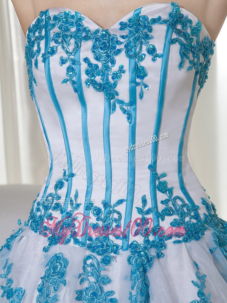 Brand New Style Corset Back White Sweet 15 Dresses with Aqua Blue Appliques