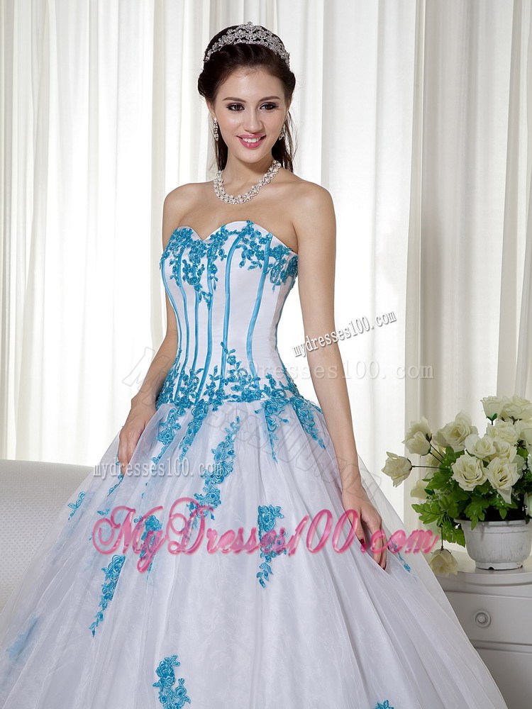 Brand New Style Corset Back White Sweet 15 Dresses with Aqua Blue Appliques