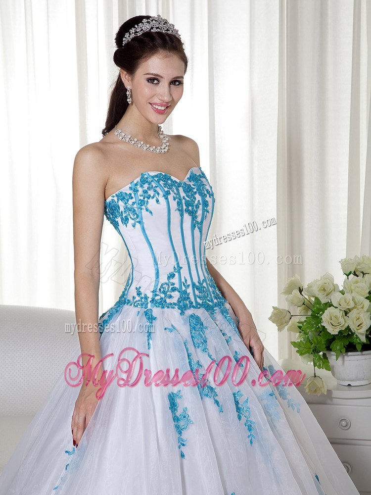 Brand New Style Corset Back White Sweet 15 Dresses with Aqua Blue Appliques