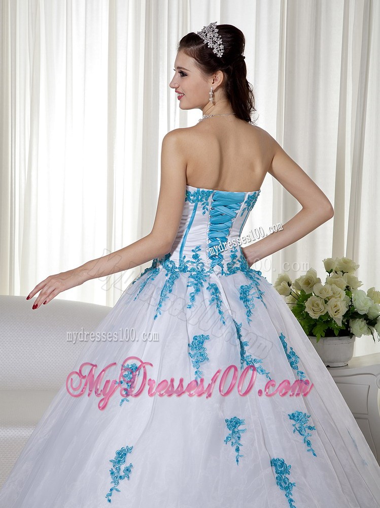 Brand New Style Corset Back White Sweet 15 Dresses with Aqua Blue Appliques