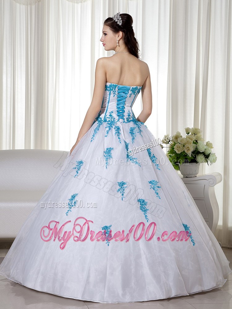 Brand New Style Corset Back White Sweet 15 Dresses with Aqua Blue Appliques