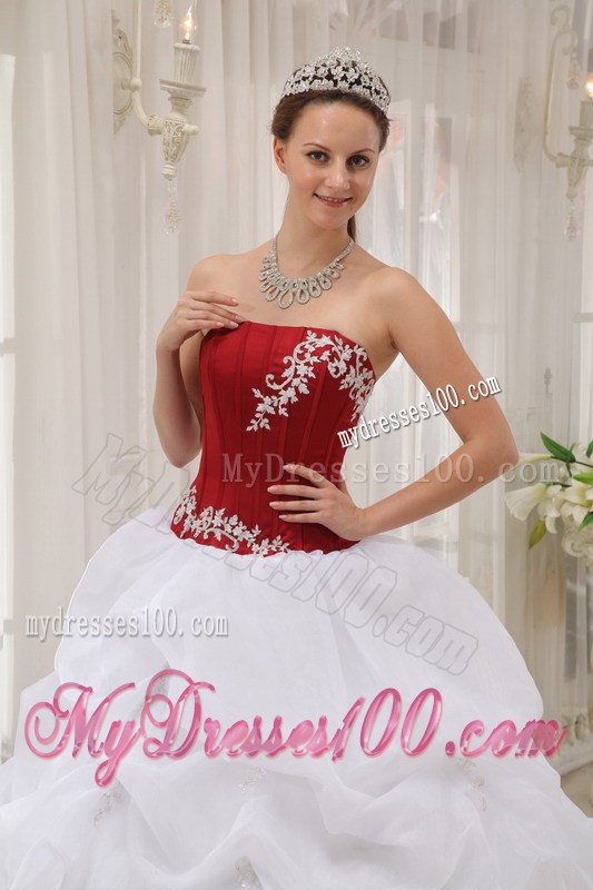 New Red and White Bodice Dress for Quince with Appliques and Pick-ups