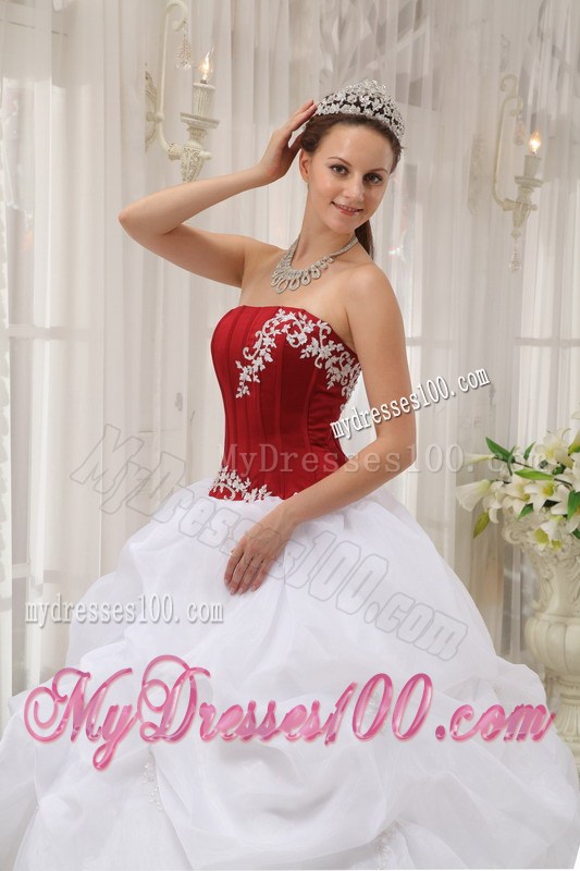 New Red and White Bodice Dress for Quince with Appliques and Pick-ups