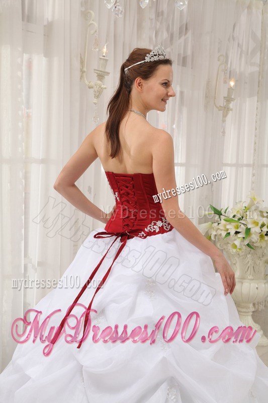 New Red and White Bodice Dress for Quince with Appliques and Pick-ups