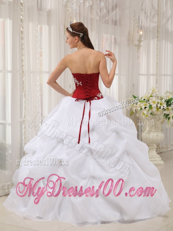 New Red and White Bodice Dress for Quince with Appliques and Pick-ups