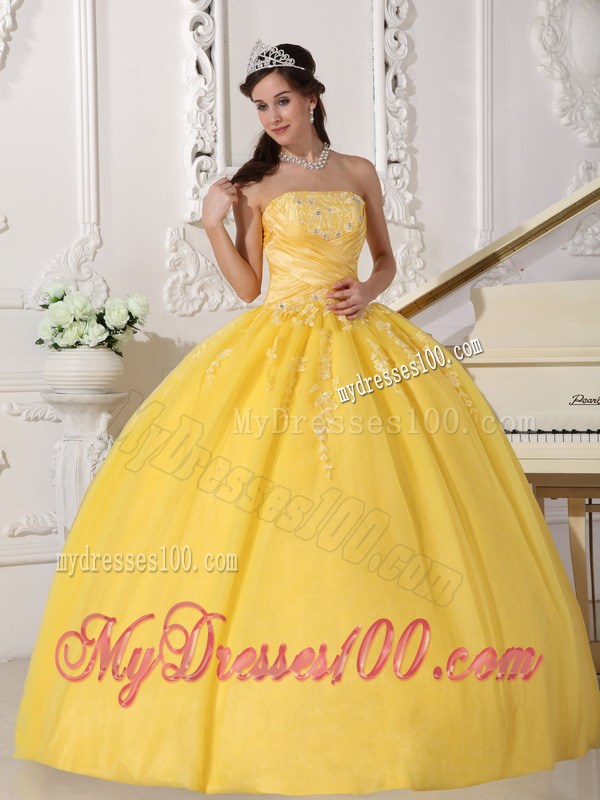 Ruching Beading and Appliques Decorated Sweet 15 Dresses in Yellow